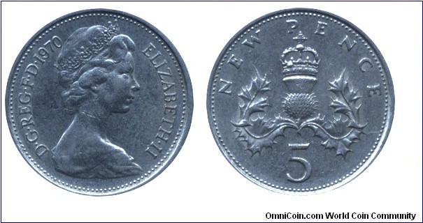 United Kingdom, 5 pence, 1970, Cu-Ni, 23.59mm, 5.65g,  Queen Elizabeth II.