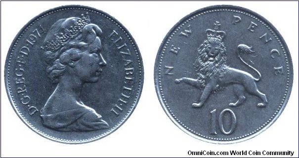 United Kingdom, 10 pence, 1974, Cu-Ni, 28.5mm, 11.31g,  Crowned Lion, Queen Elizabeth II.
