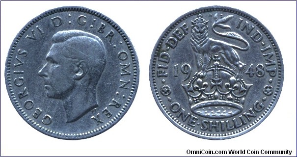 United Kingdom, 1 shilling, 1948, Cu-Ni, 23mm, 5.68g, English Coat of Arms, King George VI.