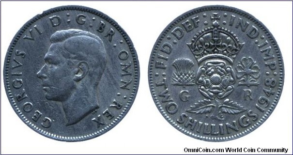 United Kingdom, 2 shillings, 1948, Cu-Ni, 28.52mm, 11.3g, Crowned rose, King George VI.
