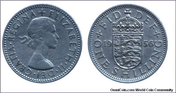 United Kingdom, 1 shilling, 1956, Cu-Ni, 23mm, 5.68g, English Coat of Arms, Queen Elzabeth II.