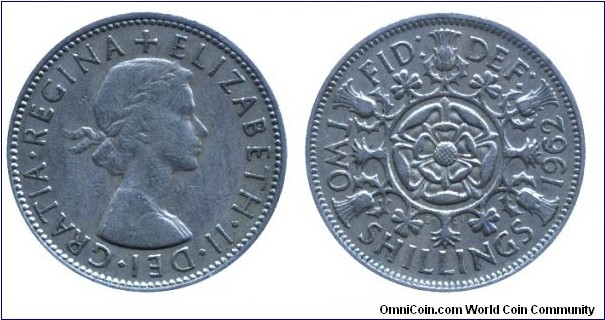United Kingdom, 2 shillings, 1962, Cu-Ni, 28.52mm, 11.3g, English Coat of Arms, Queen Elizabeth II.