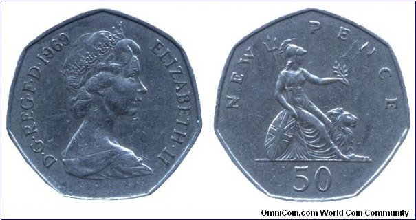 United Kingdom, 50 pence, 1969, Cu-Ni, 30mm, 13.5g, Seated Britannia, Queen Elizabeth II 7 sided.