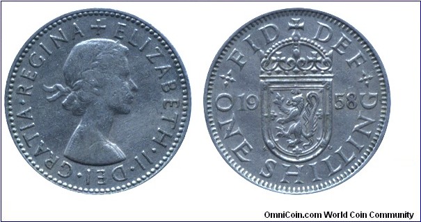 United Kingdom, 1 shilling, 1958, Cu-Ni, 23mm, 5.68g, Scottish Coat of Arms, Queen Elzabeth II.
