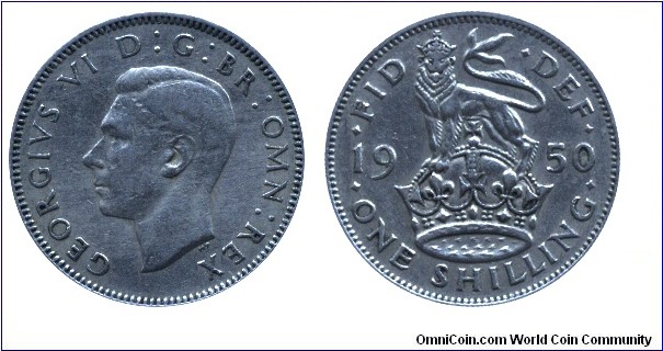 United Kingdom, 1 shilling, 1950, Cu-Ni, 23mm, 5.68g, English Coat Of Arms, King George VI.