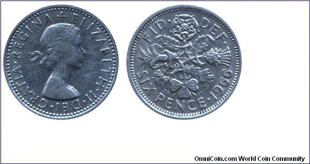 United Kingdom, 6 pence, 1966, Cu-Ni, 19mm, 2.8g, Queen Elizabeth II.