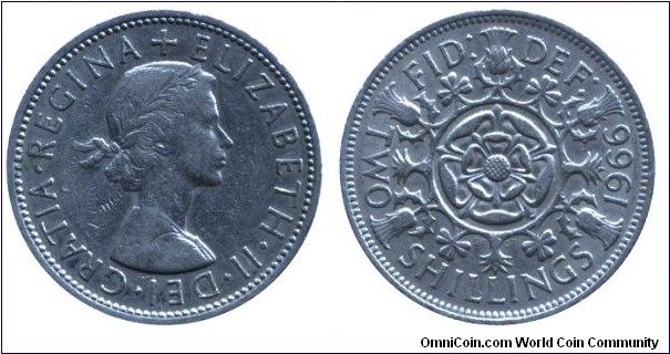 United Kingdom, 2 shillings, 1966, Cu-Ni, 28.52mm, 11.3g, English Coat of Arms, Queen Elizabeth II.