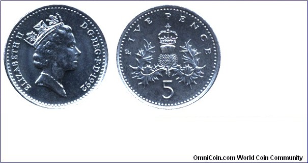 United Kingdom, 5 pence, 1992, Cu-Ni, 18mm, 3.25g, Queen Elizabeth II.