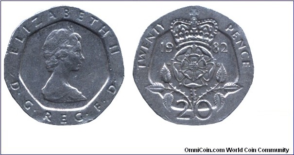 United Kingdom, 20 pence, 1982, Cu-Ni, 21.4mm, 5g, Queen Elizabeth II.