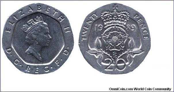 United Kingdom, 20 pence, 1989, Cu-Ni, 21.4mm, 5g, Queen Elizabeth II.