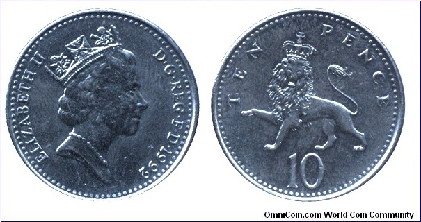 United Kingdom, 10 pence, 1992, Cu-Ni, 24.5mm, 6.5g, Crowned Lion, Queen Elizabeth II.