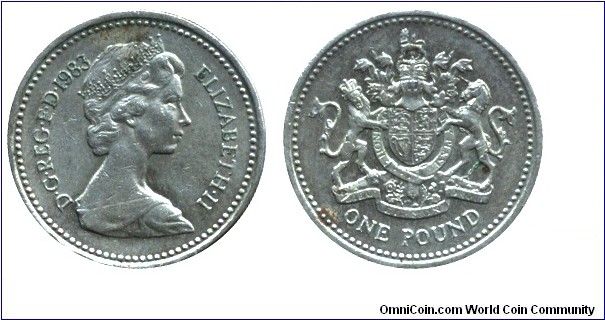 United Kingdom, 1 pound, 1983, Ni-Brass, 22.5mm, 9.5g, Edge: Decus Et Tutamen, Queen Elizabeth II.