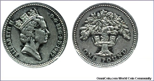 United Kingdom, 1 pound, 1987, Ni-Brass, 22.5mm, 9.5g, Crowned Oak Tree, Decus Et Tutamen, Queen Elizabeth II.