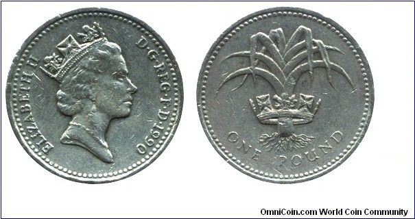 United Kingdom, 1 pound, 1990, Ni-Brass, 22.5mm, 9.5g, Crowned Leek of Wales, Queen Elizabeth II, PLEIDIOL WYF I'M GWLAD.