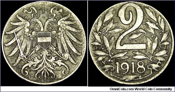 Austria - 2 Heller - 1918 - Weight 2,8 gr - Iron - Size 17,1 mm - Ruler / Karl I (1916-18) - Mintage 66 352 999 - Edge : Plain - Reference KM# 2824 (1916-18)