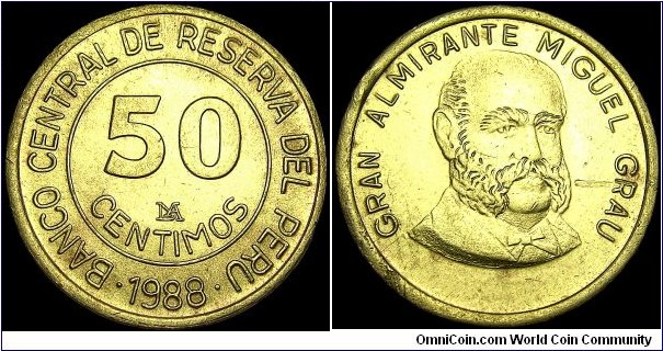 Peru - 50 Centimos - 1988 - Weight 5,2 gr - Brass - Size 23 mm - President / Alan Garcia Pérez (1985-90) - Subject / Admiral Miguel Grau Seminario (1834-79) - Mint mark : LIMA monogram - Mintage 80 000 000 - Edge : Plain - Reference KM# 295 (1985-88)