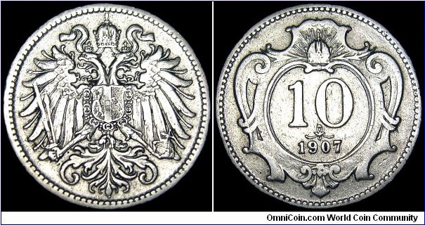 Austria - 10 Heller - 1907 - Weight 3,0 gr - Nickel - Size 19,1 mm - Ruler / Franz Joseph I (1848-1916) - Mintage 8 662 000 - Edge : Reeded - Reference KM# 2802 (1907-11)