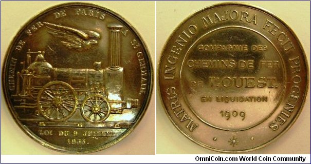 Bronze medal issued to commemorate the passing of the `Compagnie des Chemins de Fer de L'Ouest' in 1909. The medal depicts the Paris - St Germain railway line.