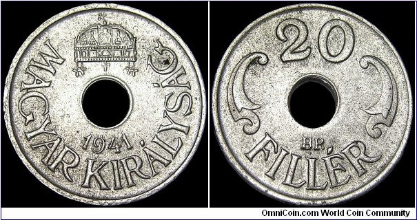 Hungary - 20 Filler - 1941 - Weight 3,7 gr - Steel - Size 21 mm - Mintmark : BP = Budapest - Mintage 75 007 000 - Edge : Plain - Reference KM# 520 (1941-44)