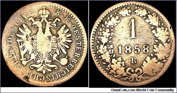 Austria - 1 Kreuzer - 1858 - Weight 3,1 gr - Copper - Size 19 mm - Emperor / Franz Joseph I (1848-67) - Edge : Plain - Reference KM# 2186 (1858-1881)