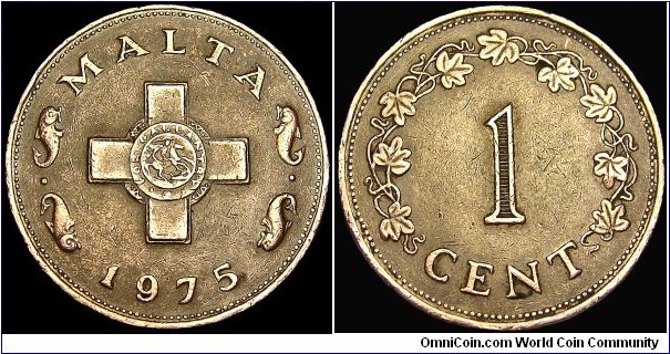 Malta - 1 Cent - 1975 - Weight 7,15 gr - Bronze - Size 25,9 mm - Obverse / The Georges Cross - President / Sir Anthony Mamo (1974-76) - Mintage 1 500 000 - Edge : Plain - Reference KM# 8 (1972-82)