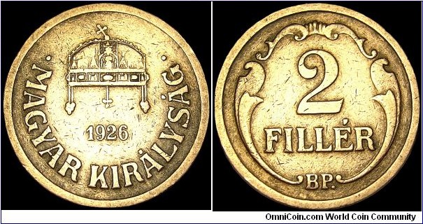 Hungary - 2 Filler - 1926 - Weight 3,3 gr - Bronze - Size 19 mm - Mint mark : BP = Budapest - Mintage 17 777 000 - Edge : Plain - Reference KM# 506 (1926-40)