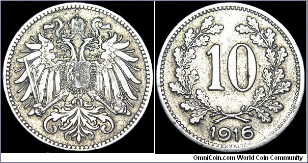 Austria - 10 Heller - 1916 - Weight 3,0 gr - Copper / Nickel / Zink - Size 19 mm - Ruler / Karl I (1916-18) - Mintage 27 487 000 - Edge : Reeded - Reference KM# 2822 (1915-16)