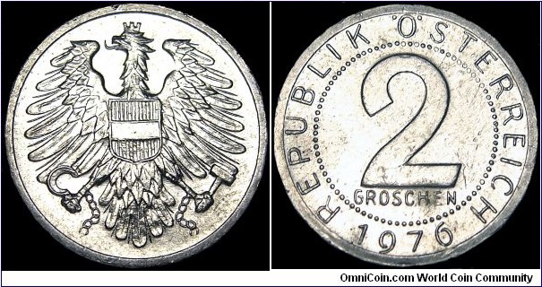 Austria - 2 Groschen - 1976 - Weight 0,9 gr - Aluminum - Size 18 mm - Designer Obverse / Michael Powolny - Designer Reverse / Benno Rost - Mintage 2 755 000 - Edge : Plain - Reference KM# 2876 (1950-94)