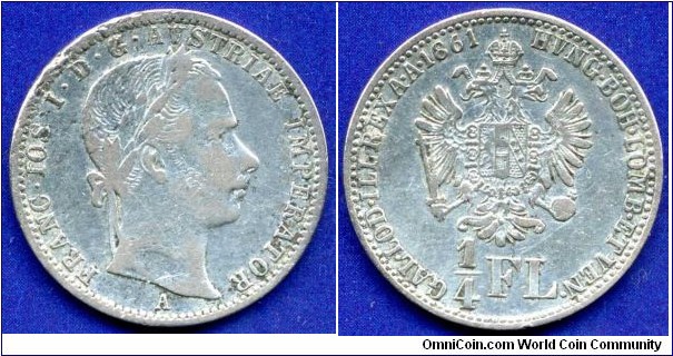 1/4 Florin.
Austrian Empire.
Franc Ioseph I (1848-1916).
*A* - Wien mint.


Ag520f. 5,345gr.