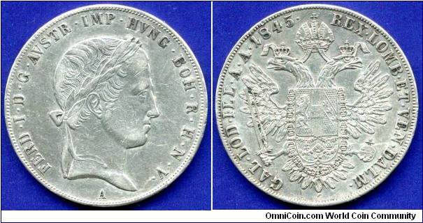 1 Thaler.
Austrian Empire.
Ferdinand I (1835-1848) Emperor of Austria Empire.
With abbreviated name in the legend on the obverse *FERD.I:D:G:*.
*A* - Wien mint.


Ag833f. 28,06gr.