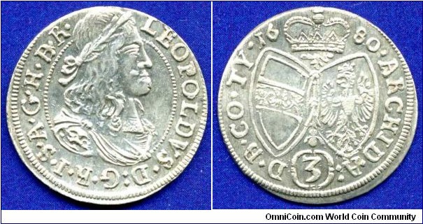 3 kreuzer.
Tirol.
Leopold I (1658-1705), Emperor of Holy Roman Empire.


Ag414f. 1,74gr.