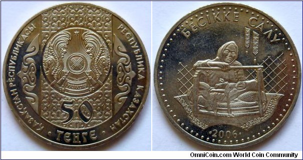 50 tenge. 2006, Bessike salu - ceremony of putting the newborn to the cradle. Cu-ni. Weight 11,17g. Diameter 31mm. Mintage 50.000 units.