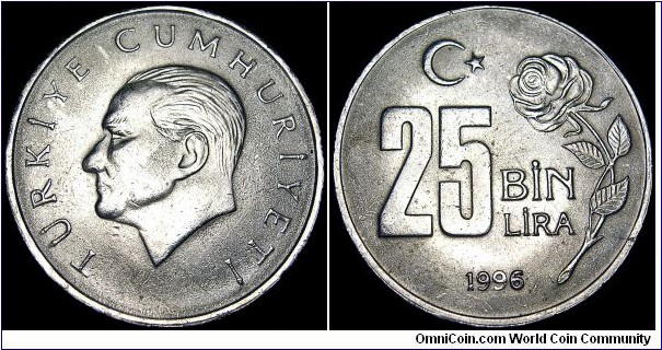 Turkey - 25 000 Lira / 25 Bin Lira - 1996 - Weight 10,8 gr - Copper / Nickel / Zink - Size 26,5 mm - Obverse / Mustafa Kemal Atatürk - President / Süleyman Demirel (1993-2000) - Mintage 59 742 000 - Edge lettering : T.C. and flower five times - Reference KM# 1041 (1995-2000)
