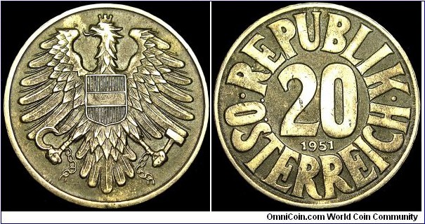Austria - 20 Groschen - 1951 - Weight 4,6 gr - Aluminum / Bronze - Size 22,2 mm - President / Theodor Körner (1951-57) - Mintage 7 781 000 - Edge : Milled - Reference KM# 2877 (1950-54)