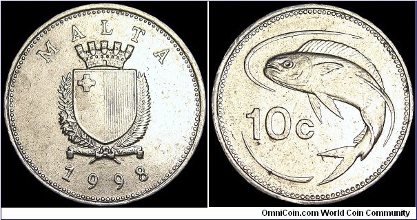 Malta - 10 Cents - 1998 - Weight 5,0 gr - Copper / Nickel - Size 22 mm - President / Ugo Mifsud Bonnici (1994-99) - Designer / Galea Bason - Edge : Reeded - Reference KM# 96 (1991-98)