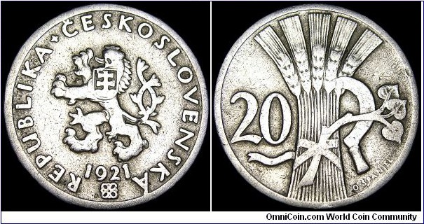 Czechoslovakia - 20 Haleru - 1921 - Weight 3,33 gr - Copper / Nickel - Size 20 mm - Thickness 1,4 mm - Alignment Medal (0°) - President / Tomás Garrigue Masaryk (1918-35) - Engraver / O. Spaniel - Mintage 40 000 000 - Edge : Smooth - Reference KM# 1 (1921-38)