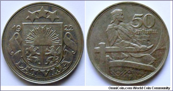 50 santimu. 1922, Nickel. Weight 6,50g. Diameter 25mm. Mintage 9.000.000 units.