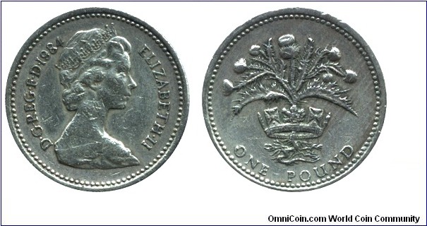 United Kingdom, 1 pound, 1984, Ni-Brass, 22.5mm, 9.5g, Scottish Thistle, Queen Elizabeth II, Edge: NEMO ME IMPUNE LACESSIT.