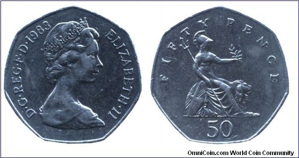 United Kingdom, 50 pence, 1983, Cu-Ni, 30mm, 13.5g, Seated Britannia, Queen Elizabeth II.