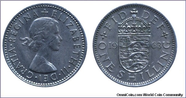 United Kingdom, 1 shilling, 1963, Cu-Ni, 23mm, 5.68g, English Coat Of Arms, Queen Elizabeth II.