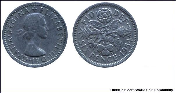 United Kingdom, 6 pence, 1954, Cu-Ni, 19mm, 2.8g, Queen Elizabeth II.