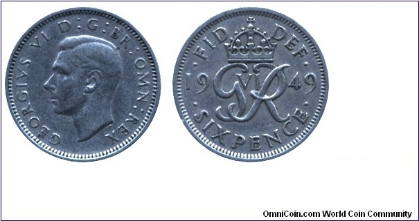 United Kingdom, 6 pence, 1949, Cu-Ni, 19mm, 2.8g, King George VI.