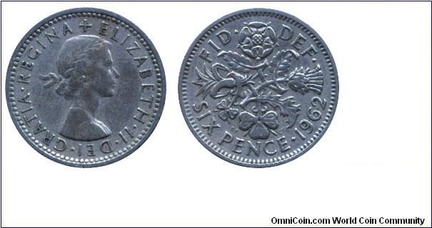 United Kingdom, 6 pence, 1962, Cu-Ni, 19mm, 2.8g, Queen Elizabeth II.
