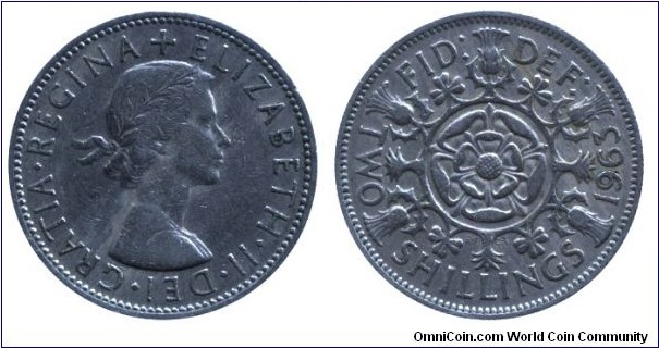 United Kingdom, 2 shillings, 1963, Cu-Ni, 28.52mm, 11.3g, English Coat Of Arms, Queen Elizabeth II.