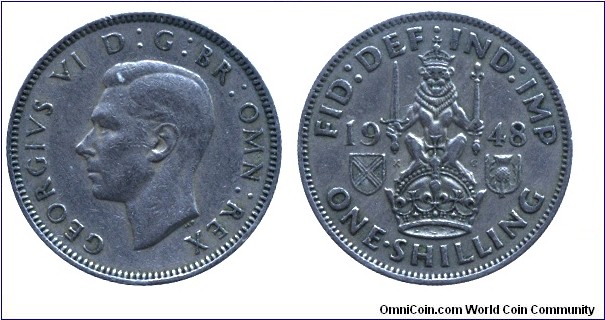 United Kingdom, 1 shilling, 1948, Cu-Ni, 23mm, 5.68g, Scottish Coat of Arms, King George VI.