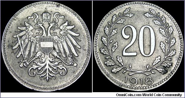 Austria - 20 Heller - 1918 - Weight 3,5 gr - Iron - Size 21,1 mm - Ruler / Karl I (1916-18) - Mintage 48 985 000 - Edge : Reeded - Reference KM# 2826 (1916-18)