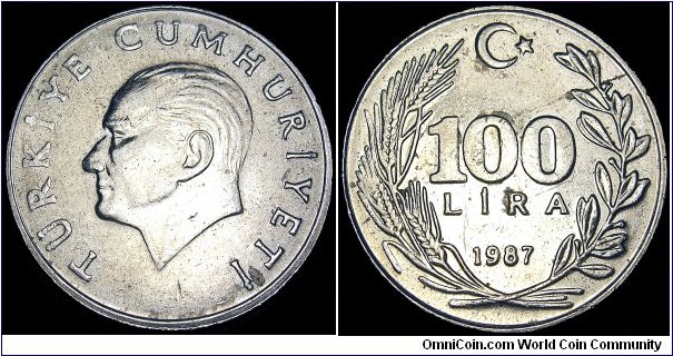 Turkey - 100 Lira - 1987 - Weight 10,95 gr - Copper / Nickel / Zink - Size 30 mm - President / Kenan Evren (1982-89) - Obverse / Head of Mustafa Kemal Atat¨rk - Mintage 91 400 000 - Edge : Reeded - Reference KM# 967 (1984-88)