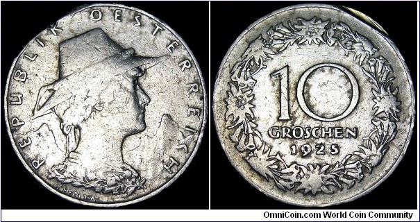 Austria -10 Groschen - 1925 - Weight 4,5 gr - Copper / Nickel - Size 22 mm - President / Michael Hainisch (1920-28) - Obverse / Woman of Tyrol - Mintage 66 199 000 - Edge : Plain - Reference KM# 2838 (1925-29)