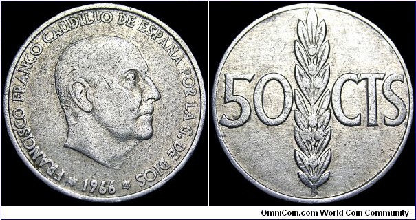 Spain - 50 Centimos - 1966 (1969) The actual year of production of this coin is 1969 - Weight 1,1 gr - Aluminum - Size 20,1 mm - Caudillo and Regent / Francisco Franco (1939-75) - Mintmark : 6 pointed star = Minted in Madrid - Mintage 50 000 000 - Edge : Reeded - Reference KM# 795 (1967-75)