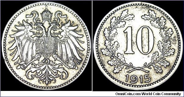 Austria - 10 Heller - 1915 - Weight 3,0 gr - Copper / Nickel / Zink - Size 19,1 mm - Ruler / Franz Joseph I (1848-1916) - Mintage 18 366 000 - Edge : Reeded - Reference KM# 2822 (1915-16)